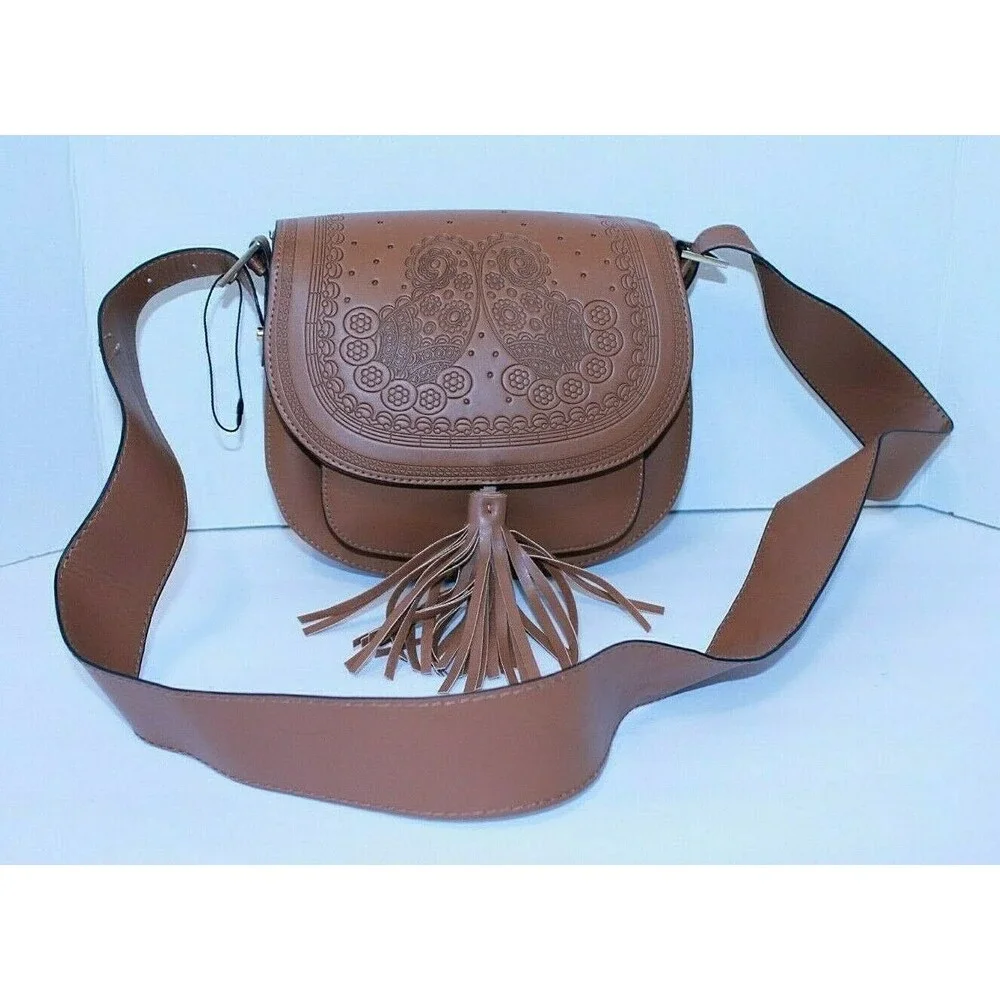 Atmosphere Primark Tooled Leather Crossbody Shoulder Bag Brown Tassel